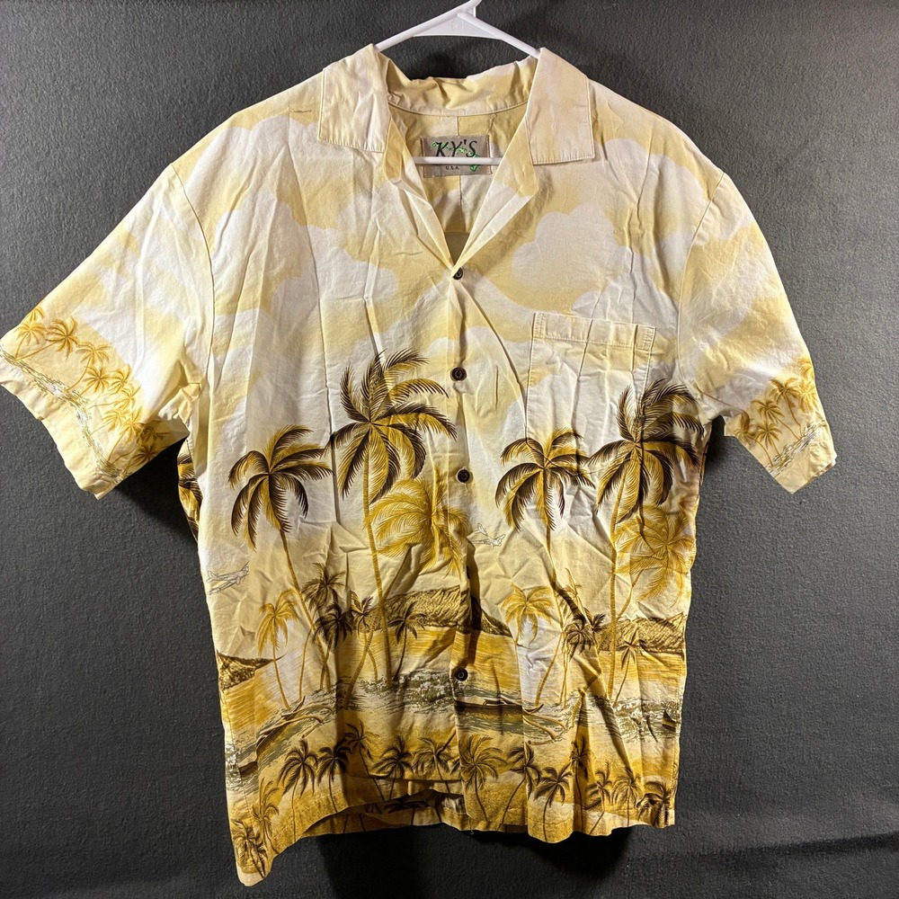 VTG KY'S men Hawaiian Shirt large Palm Tree Print Yellow Vintage Short Sleeve